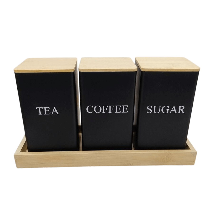 IRON & WOOD SQUARE KITCHEN CONTAINER WITH TRAY (BLACK) SET OF 3